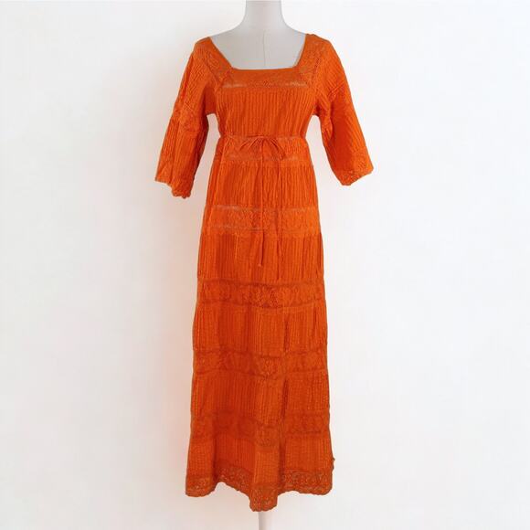 Vintage 70s Orange Mexican Wedding Dress Crochet Lace Boho Maxi Tiered Cotton